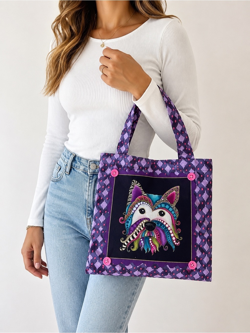 Handmade Whimsical Dog Tote Bag | Artisan Quilted Fabric Purse |